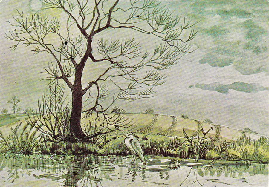 Fishing on the River Weake from a painting by P. Oakley, Hoby WI
